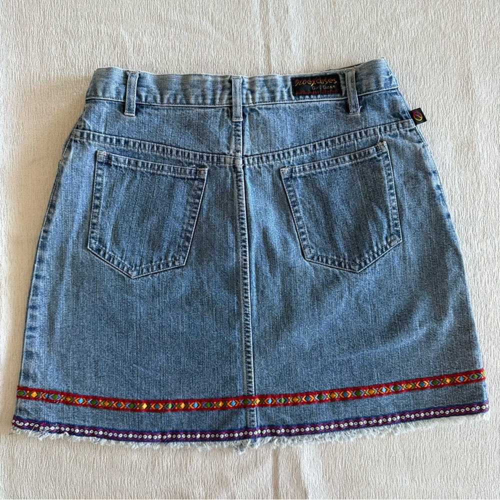 Denim Mini‎ Skirt Tribal Trim Frayed Hem Cotton Blue Size 9/10 - Picture 2 of 15